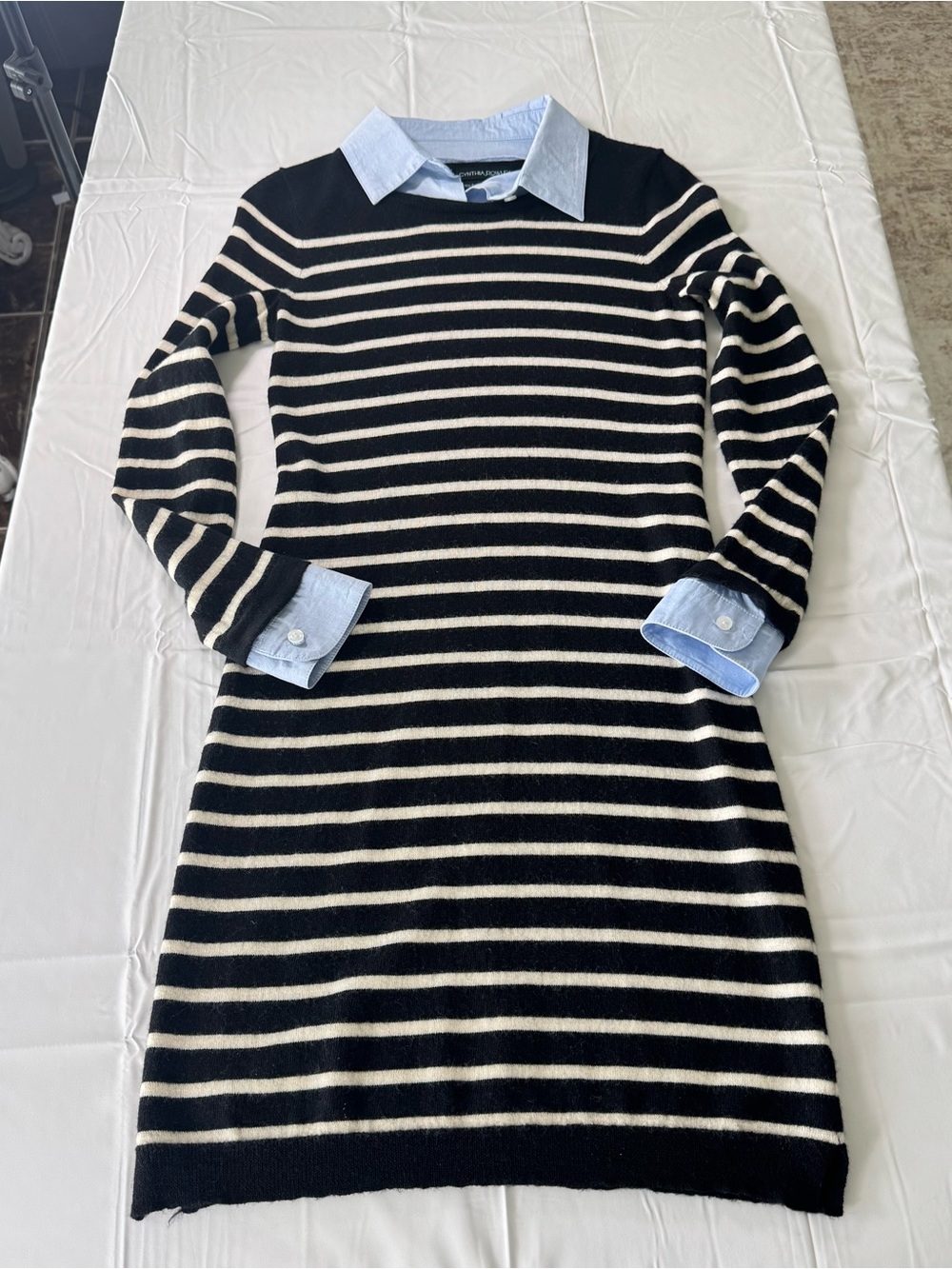 Cynthia Rowley 100% Merino Wool Striped Sweater Dress Size Small Black Cream